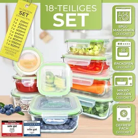 Fresh Master Frischhaltedose Set 18 tlg. Borosililatglas, (370 ml, 640 ml, 1.050 ml, 1.520 ml rechteckig mit Deckel 320 ml, 800 ml quadratisch mit...