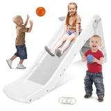 Kinderrutsche Rutsche Indoor ab 1 Jahr, Kinder Rutsche mit Basketballkorb und Zwinge, Gartenrutsche 170CM, Kunststoff Kleinkinderrutsche, Indoor Outdoor Rutsche für Kinder Spielplatz, Grau-Weiß