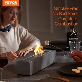 Vevor Feuerstelle, 380 x 100 x 135 mm, Tischkamin aus Beton, Feuerkorb, Feuerschale für Reinigungsalkohol, Smores-Maker, für Terrasse & Balkon mit Feuerlöscherabdeckung, eckig, hellgrau