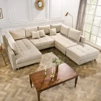 Moderne XXL Wohnlandschaft KENT 305cm champagner beige Samt Bigsofa inkl. Hocker