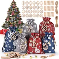 Luxuskollektion DIY Adventskalender Stoffsäckchen mit Holzklammern und Glocken