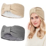 2 Stück Strick Stirnband Winter Damen Elastische Haarreifen Gestrickte Stirnbänder Ohrenwärmer mit Fleece Innenfutter für Mädchen Damen, Grau, Beige