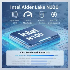 Orbsmart AW-15L Mini-PC 2023 4K Ultra HD Intel Alder Lake N100 2,0 GHz 8 GB RAM 256 GB HDD Windows 11