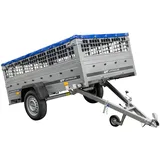 Pkw Transport Anhänger 230x125 Garden Trailer 230 Kipp mit Laubgitteraufsatz, Blauer Flachplane, Planenträgern und Stützrad UNITRAILER