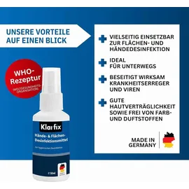 klarfix Hände- & Flächendesinfektionsmittel nach WHO-Rezeptur für Hand, Haut und Flächen I Ideal für unterwegs | Wirksam gegen Bakterien, Pilze & Vire...