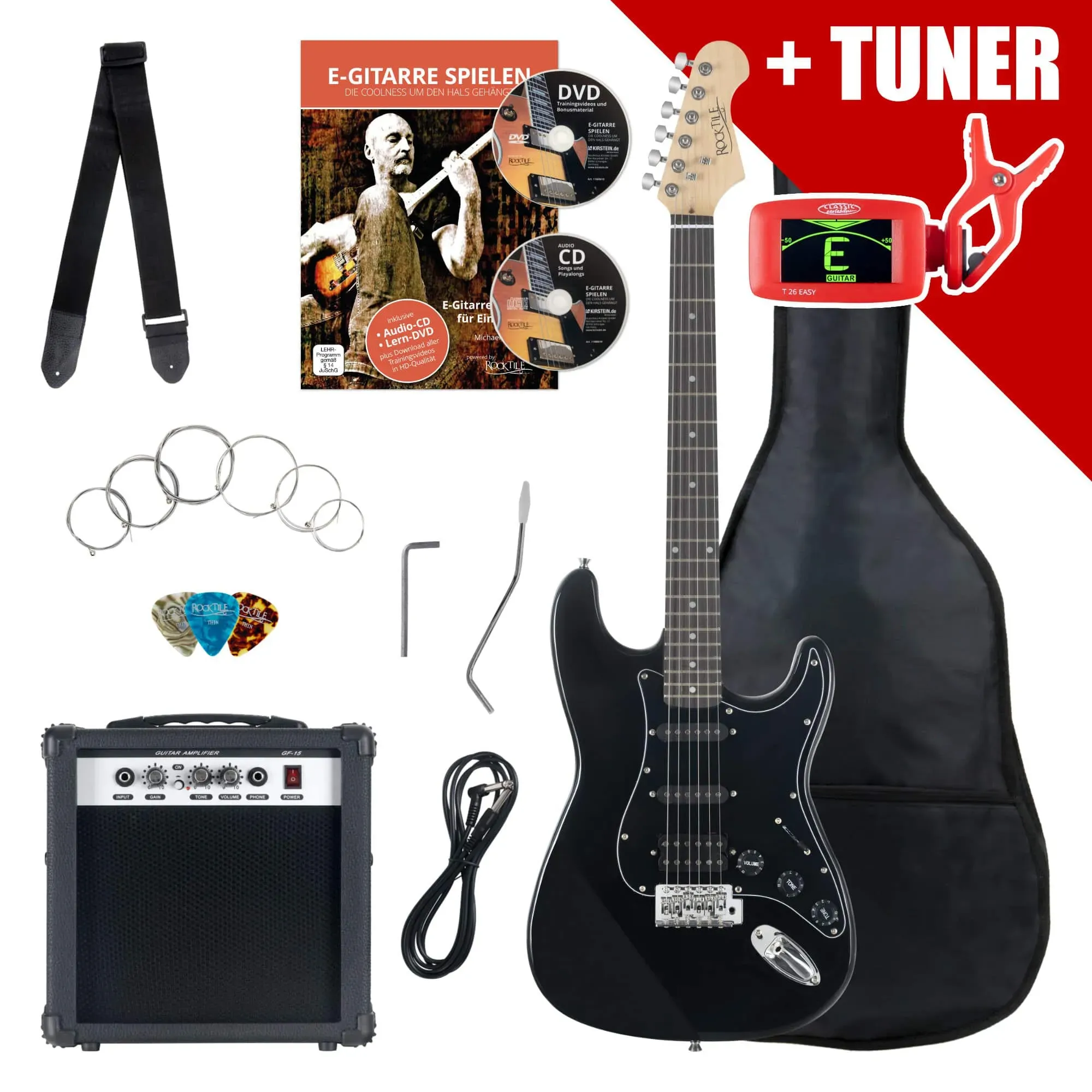 Rocktile Banger's Powerpack E-Gitarren Set Black inkl. Verstärker, Tasche, Stimmgerät, Kabel, Gurt, Saiten und Schule inkl. CD/DVD