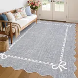 CAROMIO Teppich Wohnzimmer Waschbar 160x230 cm, Moderner Kurzflor Teppich mit Wellenrand & Schleifen, rutschfest & Extra Flach, Unifarben mit Textur, Geeignet für Schlafzimmer Esszimmer, Grau