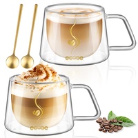ecooe Doppelwandige Kaffeegläser 350ml Latte Macchiato Gläser 2er Set, Borosilikatglas Kaffeetassen Glas Doppelwandig Kaffeeglas Teegläser mit Henkel Löffel für Cappuccino, Tee, EIS, Milch, Bier