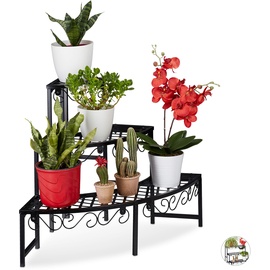 Relaxdays Blumentreppe aus Metall, Eck Blumenregal mit 3 Ebenen, halbrund, für den Garten, Balkon oder Terrasse, schwarz, 62 x 83 x 57 cm