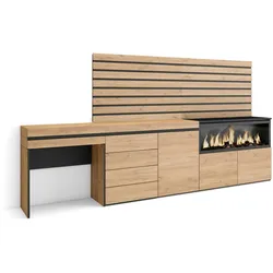 SKRAUT HOME Frisiertisch, Schminktisch, Ablage, 284x35x145 cm, Mit Schublade, XXL-Elektrokamin, Kommode, Dekorplatten, Eiche - 452_64