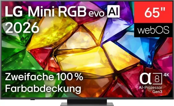 LG 65MRGB86B9A 65 Zoll (164 cm) Mini RGB evo 4K Smart TV – α8 Gen3 4K AI Prozessor, Mini RGB Hintergrundbeleuchtung, Precision Dimming, 165 Hz Gaming TV, Dolby Vision, Dolby Atmos, Filmmaker Mode, AI Super Upscaling, AI Picture & Sound Pro, AMD FreeSync, HGiG, Game Optimizer, webOS 26, AI Magic Remote, USB-Recording