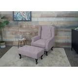 Mendler Sessel Chesterfield, Relaxsessel Clubsessel Ohrensessel, wasserabweisend Stoff/Textil ~ hellrosa mit Ottomane