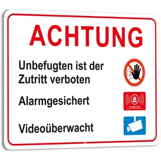 Hinweis-Schild Kombination I hin418 I ACHTUNG Unbefugten ist der Zutritt verboten Alarmgesichert Videoüberwacht I Größe 40 x 30 cm I Warnschild weiß