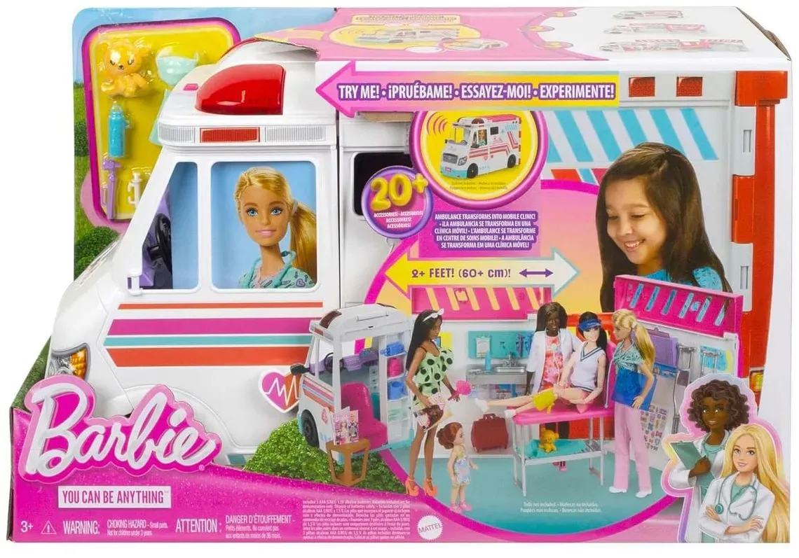 Mattel HKT79 - Barbie - You can be anything - 2 in 1 Krankenwagen und Klinik (ohne Puppe), Spielset mit Licht und Sound