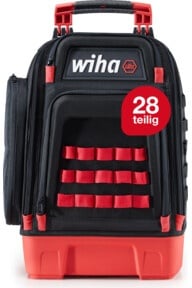 Wiha Elektriker Werkzeugrucksack  27-tlg. I mit Elektriker Grundausstattung I stabiler Standboden I mit Laptopfach I Taschen für Zubehör (45528)