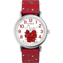 Timex Peanuts Damen-Armbanduhr, 38 mm, rotes Stoff-Durchzugsarmband, weißes Ziffernblatt, silberfarbenes Gehäuse TW2W80800