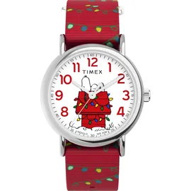 Timex Peanuts Damen-Armbanduhr, 38 mm, rotes Stoff-Durchzugsarmband, weißes Ziffernblatt, silberfarbenes Gehäuse TW2W80800