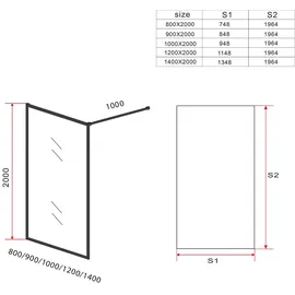 Aloni Duschwand Duschabtrennung schwarz-mattes Profil 8mm 900x2000mm