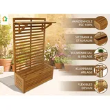 Blumenregal mit Aufbewahrung & Sitzbank aus Akazienholz, 70 x 32 x 117 cm
