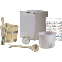 Sauna Set, 5-teilig: Aufgusskübel, Kübeleinsatz, Schöpfkelle, Sanduhr, Klimamesser Ø 100 mm