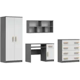Deine Möbel 24 Jugendzimmer-Set INGE III in Weiß / Weiß + Grau / Weiß + Eiche Sonoma ; 4-teilig, (Kleiderschrank Kommode Wandregal Schreibtisch, 4-tlg., Sonoma Eiche Grau), Kinderzimmer Set Weiß Griffe Rosa Blau Grün Grau aus Laminatplatte grau