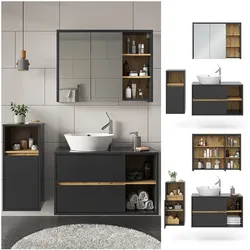 Vicco Badmöbel-Set Badezimmer-Möbel Bad-Schrank Viola Anthrazit Eiche modern Badezimmerschrank Waschtischunterschrank Spiegelschrank Midischrank Schranktür Schrankfach Ablage Aufbewahrung