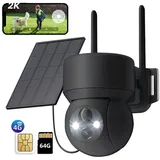 4G LTE Überwachungskamera Aussen Solar mit SIM Karte & 64G Karte Ohne WLAN 2K PTZ Kabellos IP Kamera Outdoor Ohne WLAN PIR Erkennung Farbe Nachtsicht - Schwarz