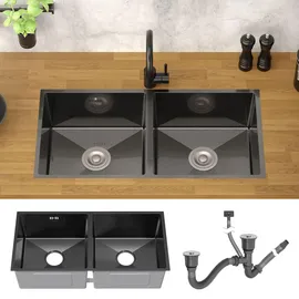 ML-Design Doppelspülbecken Edelstahl 81,5x40 cm Anthrazit rechteckig, 2 Becken,