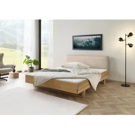 MASSIVMOEBEL24.DE Bett Fichte 160x200x85 natur gebeizt / geölt, Kopfteil beige FICHTELBERG #138