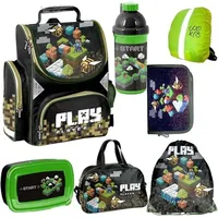 Goldkids 7er Set Schulranzen Ranzen Tornister Schulrucksack Federmappe Turnbeutel Turnsack Brotdose Trinkflasche Sporttasche Regenschutz Game Pixel Motiv ab... - Schwarz
