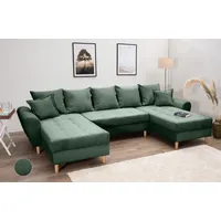 Wohnlandschaft COLLECTION AB "Raisa U-Form" Sofas Gr. B/H/T: 314cm x 45cm x 158cm, Cord, Mit Federkern, grün (flachengrün) mit Federkern, Kissen und Steppung im Sitzbereich