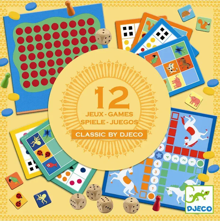 Djeco Spielmagazin Kinder Spieleset ab 4 Jahren - 12 Spiele, bunt, Kunststoff/Pappe - Klassiker wie Ludo, Yatzy, Vier gewinnt