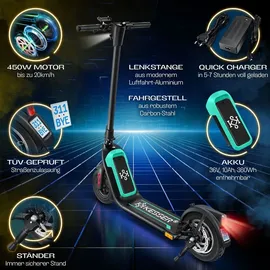 Kesser KESSER® E-Scooter mit Straßenzulassung 40km Reichweite Faltbarer Elektro 36V / 10 Ah Batterie Roller Belastung bis 120kg 450W Motor 10" Reifen LCD-Display und universelle Smartphonehalterung