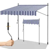 Randaco Klemmmarkise, 300x120cm Gelenkarmmarkise Markise Balkon Balkonmarkise UV-beständig Einziehbar Klemmmarkise mit Handkurbel Höhenverstellbar, Einfache Montage Blau Weiß