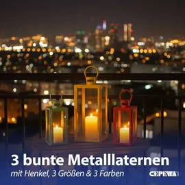 Cepewa Laterne 3er Set Metall Glas Grün/Orange/Gelb