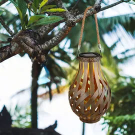 GLOBO Gartendeko Laterne Solar Windlicht mit Bambusgeflecht zum Aufhängen oder Hinstellen, led warmweiß, DxH 27x17,5 cm, Garten Terrasse