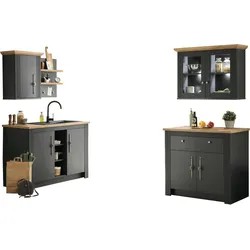 Küche KOCHSTATION "KS-Westminster", grau (küche: grau dunkel, korpus: grau dunkel, arbeitsplatte: eiche wotanfarben), B:226cm T:60cm, Komplettküchen-Sets, Breite 226 cm, ohne E-Geräte