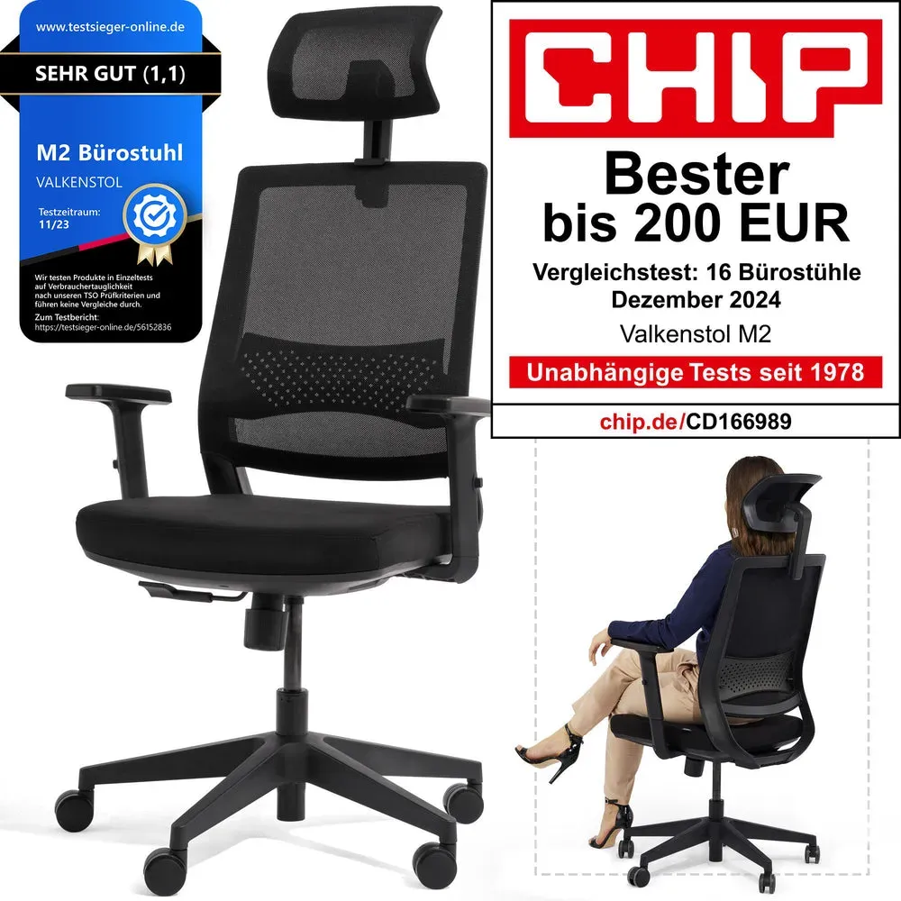 VALKENSTOL M2 - Bürostuhl Ergonomisch Testsieger bis 200 € - Kopf-/Armstütze