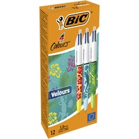 BIC 4 Farben Kugelschreiber Set 4 Colours Velours, mit samtiger Oberfläche in Dschungelmotiven, 12er Pack, Ideal für das Büro, das Home Office oder die Schule