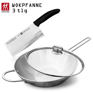 Zwilling Twin Nova Wokpfanne Induktion mit Deckel 30cm + Kochmesser 3tlg, Wok, Edelstahl 18/10 Bratpfanne Pfanne