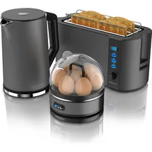 Arendo - Wasserkocher mit Toaster und Eierkocher SET Edelstahl Grau Wasserkocher 1,5L 40° - 100°C, Toaster 4 Scheiben LED-Display 6 Bräunungsgrade