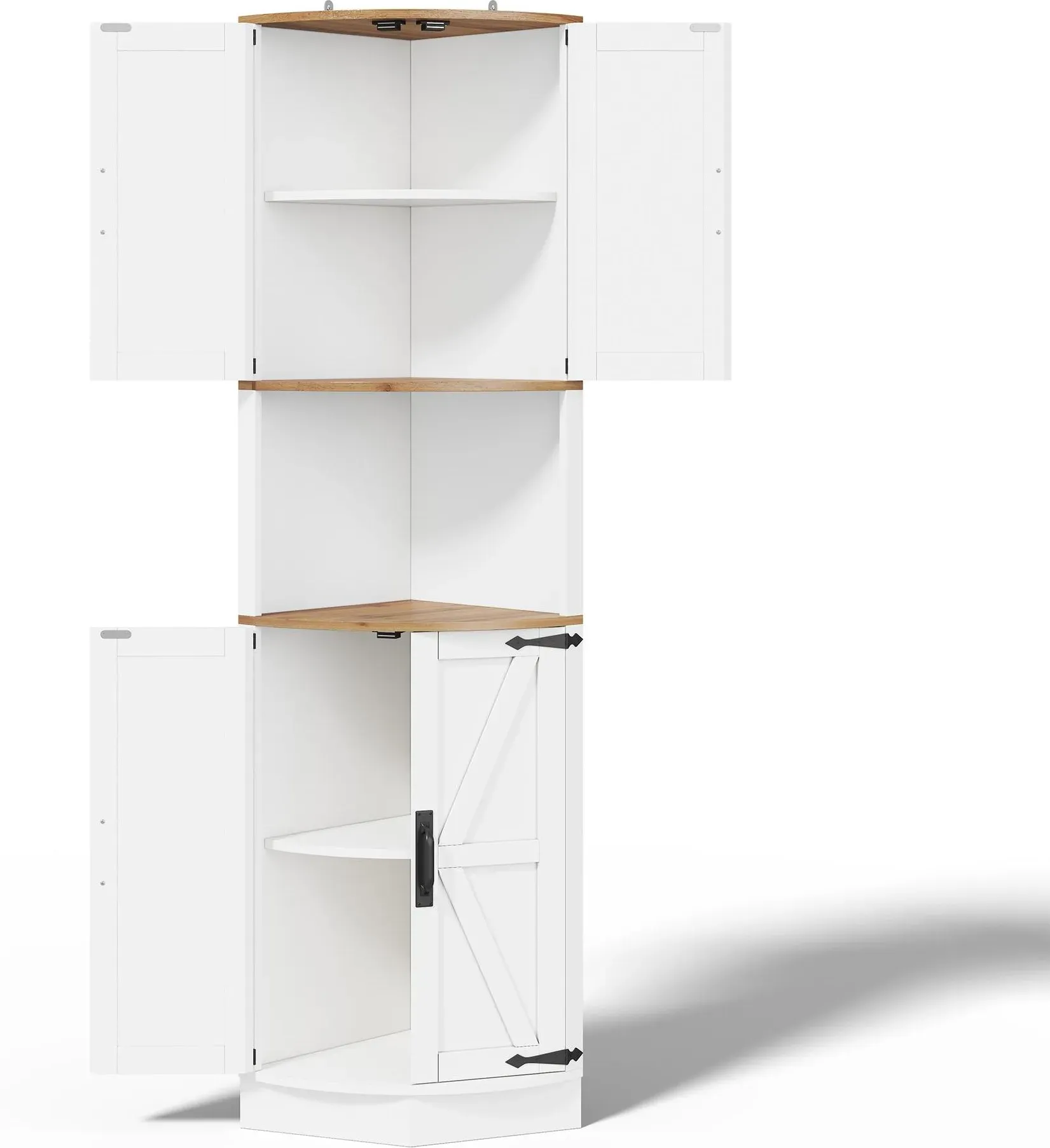 Eckschrank, platzsparend mit 5 Staufächern, Vintage-Küchenschrank, 39,5x39,5x180 cm, Weiß