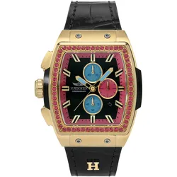 Chronograph HAEMMER GERMANY "TONNEAU", schwarz, schwarz, Armbanduhren, Damen, Quarzuhr, Armbanduhr, Damenuhr, Lederarmband, verschraubte Krone, Tag