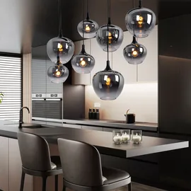 GLOBO Pendellampe Hängeleuchte Wohnzimmer Pendelleuchte Wohnzimmer Esstischleuchte rauch Glasschirm, Metall schwarz, Fassungen 8x E27, Lxbxh 105x45x120 cm