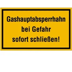 Schild Gashauptabsperrhahn bei Gefahr sofort schließen!, Kunststoff, 250x150 mm