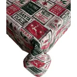 1KDreams schmutzabweisende Weihnachtstischdecke im Shabby-Chic-Stil, waschbar, mit Rentieren, Blättern und Schriftzug in Rot, Grün und Weiß, rechteckig (130 x 180 cm)