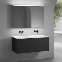 Neoro n50 Unterschrank B: 120 cm mit 1 Auszug, Doppelwaschtisch ohne Hahnloch weiß, mit Spiegelschrank für die Schweiz,,