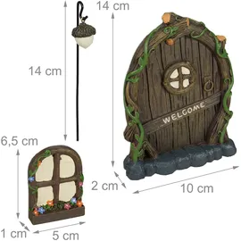 Relaxdays Feentür, Set, 2 Wichtelfenster, 1 Wichtellicht, wetterfeste Gartendeko, Wichteltür, Kunststein, bunt