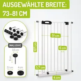 Bomi Türschutzgitter Extrahoch 107 cm - Merle 73-161 cm in weiß für Hunde - Ohne Bohren | Schließt automatisch | Tuerschutzgitter Metall Selbstschließend | Treppengitter zum Klemmen, 90 Grad Feststellfunktion der Tür