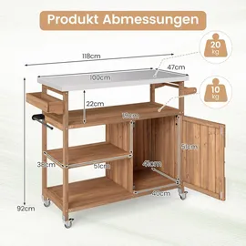 Costway Grillwagen Outdoor, Servierwagen auf Rollen, mit Edelstahl-Arbeitsplatte, Ablagen, Gewürzregal, Schrank&Handtuchhalter, (1 Tür-118x47x92 cm) - Naturbelassen